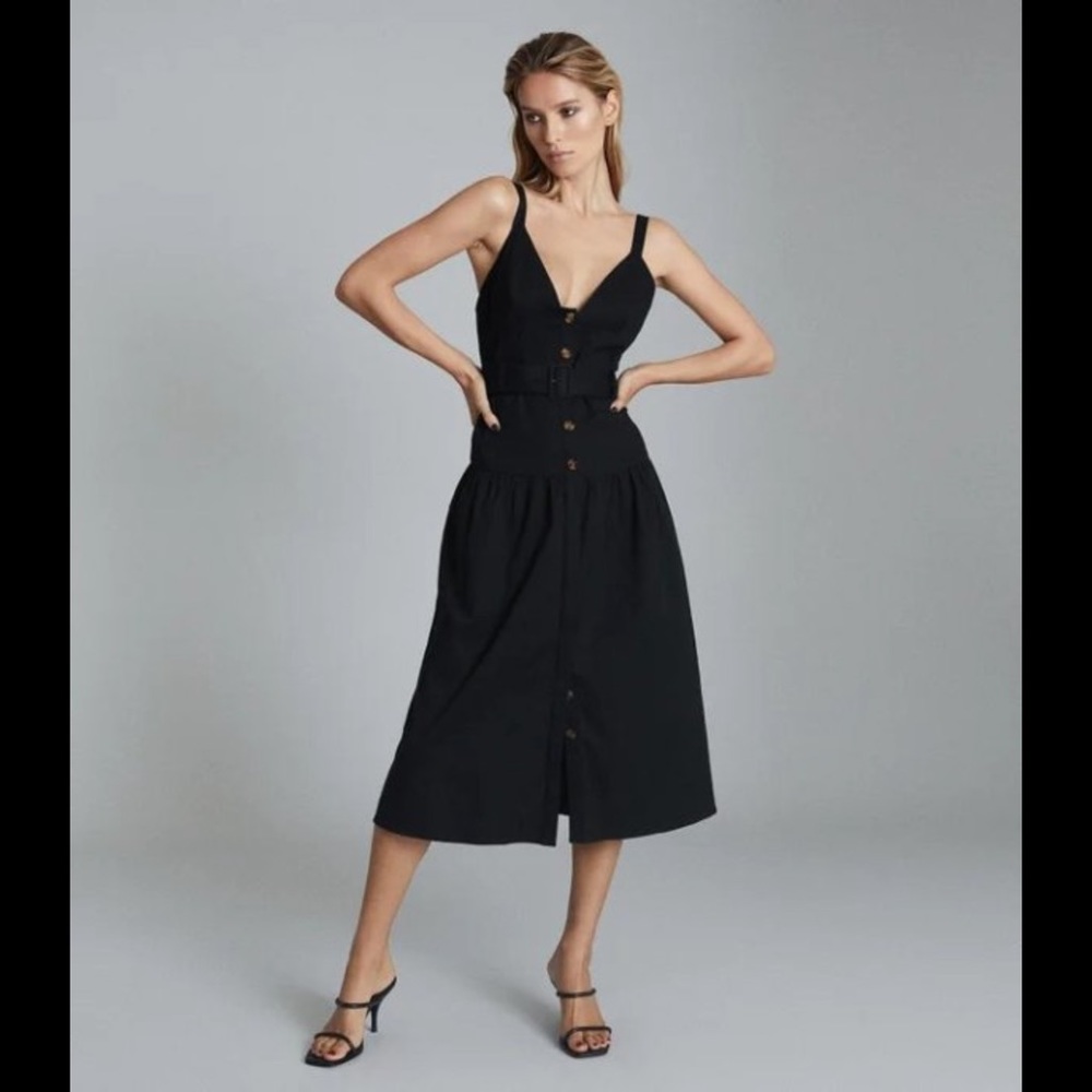 Reiss Black Button-Front Midi Dress